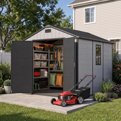 Image of Devoko 8 x 10 FT Resin Storage Shed with Floor, Outdoor Plastic Tool Shed