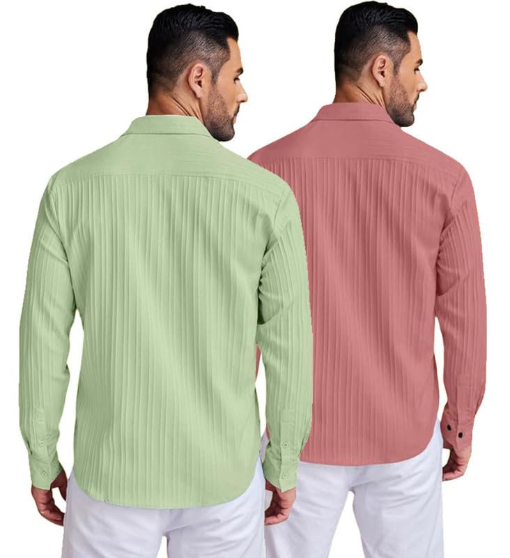 Image of DEELMO Combo of Men's Casual Button Down Shirts Long Sleeve Linen Shirt Fashion Textured Summer Shirts Pack of 2