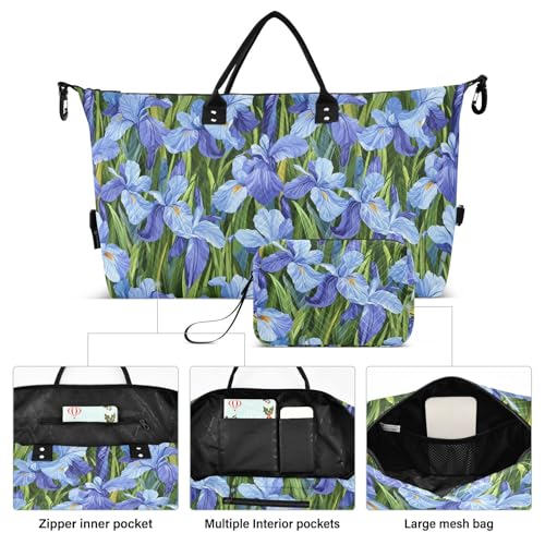 Beauty Spring Blue Iris Flowers Decorative Carry on Bag Gym Sports Duffel Bags with Adjustable Strap for Trip Multifunctional maletín de para Mujer2