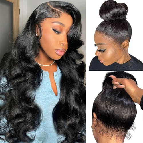 Hudier 360 Body Wave Full Lace Front Wigs Human Hair Pre Plucked With Baby Hair 200% Density HD Transparent Lace Front Wigs For Women Natural Color (24 Inch)