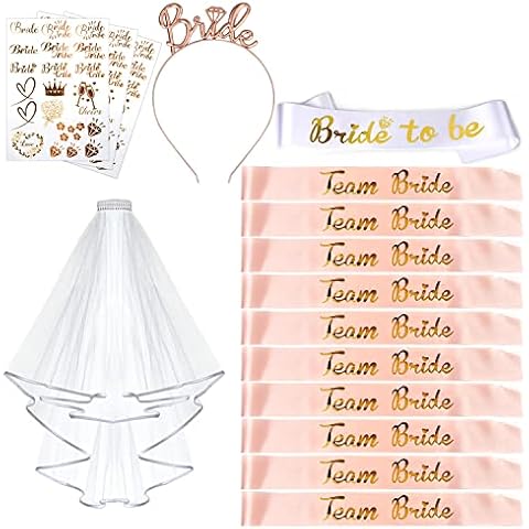 AniSqui 16pcs Hen Do Accessories, (1 Bride to be Sash + 10 Team Bride Sash + 3 Bride Tattoos + 1 Hen Party Veil + 1 Bride to be Tiara) Hen Party Accessories Cover