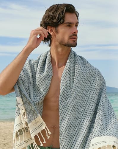 MEVLYS Saunahandtuch Hamamtuch [2er Set] Petrol Blau/Pastellbeige – Ansicht 3