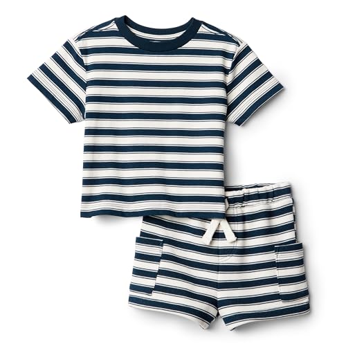 Amazon Essentials x Sofia Grainge Baby Boys' Regular Fit T-Shirt and Short Set, Ivory Navy Stripe, 12 Months
