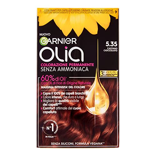 Garnier Olia - Tinte permanente sin amoniaco, cubre el cabello 100% blanco con aceites florales naturales de origen natural, fórmula vegana, color marrón chocolate