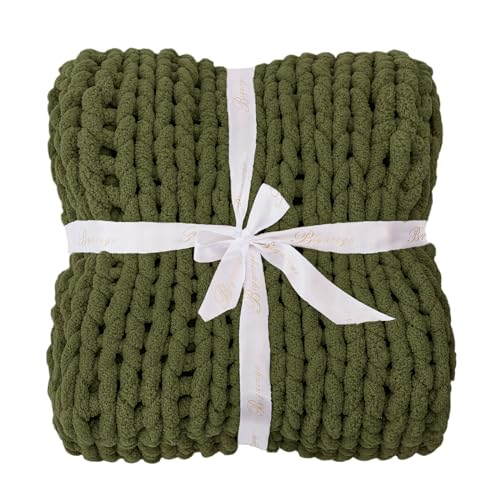 Bigacogo Chunky Knit Throw Blanket for Couch, 40x40 inches, 100% Hand Knitted with Thick Jumbo Chenille Yarn, Cozy Soft Large Rope Knot Cable Crochet Blankets for Sofa Bed Living Room, Yellow Green