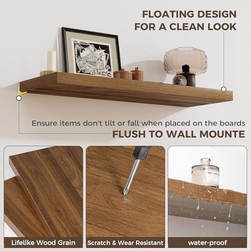 Image of Fun Memories Deep Floating Shelves, 32W x 12D Walnut Wall Shelves, 32 Long Rustic Wood Wide Storage Shelves for Bedroom, Kitchen, Farmhouse, Laundry Room, Bedroom, Kitchen, Home Office- Set of 2