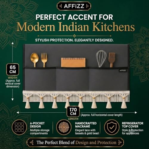 Image of Premium Decorative Fridge Cover Top with Tassel Lace for Double Door Refrigerator - Waterproof, Dustproof & Washable Polyester Fridge Cover with 6 Side Pockets for Kitchen (Dark Grey)