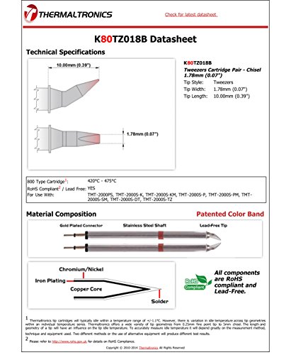 Image of Thermaltronics K80TZ018B Tweezers Cartridge Pair - Chisel 1.78mm (0.07in)