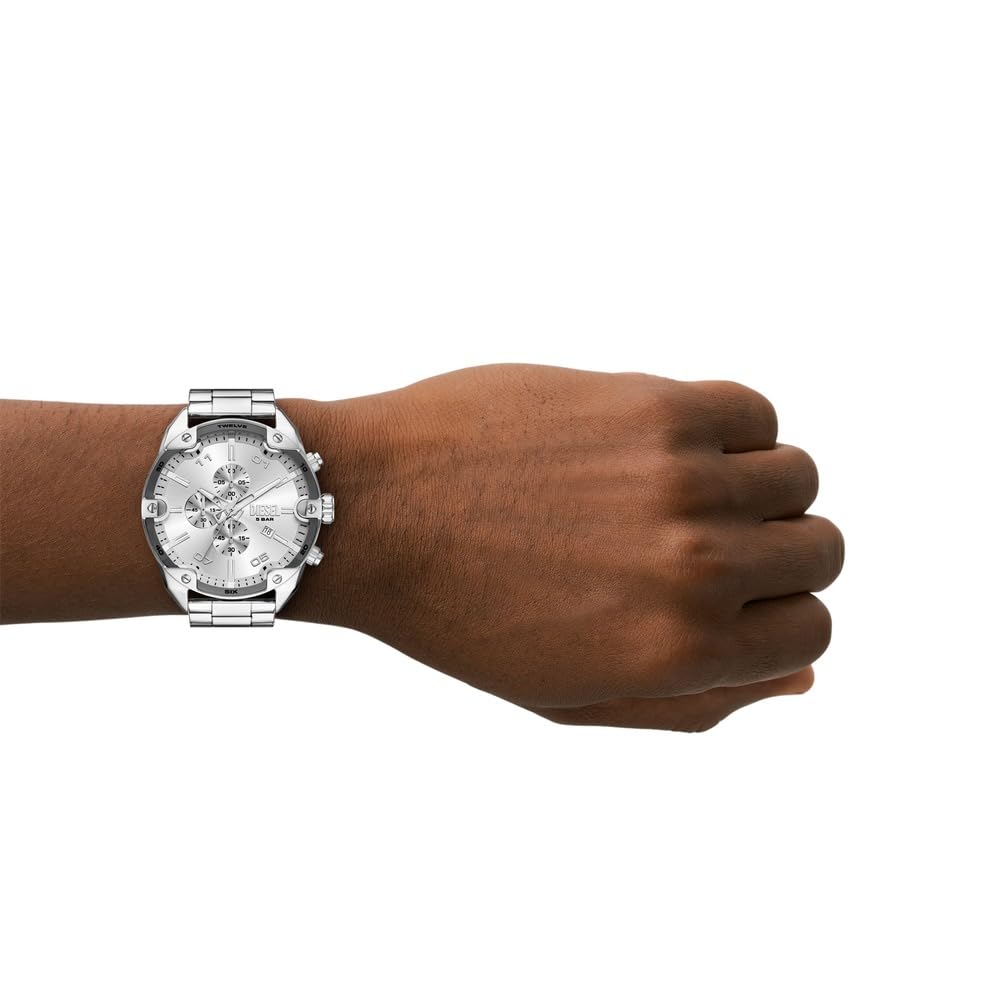 Diesel Uomo Orologio e Bracciale D Logo in Pietre Semi-Preziose Argento con Borchie, Set