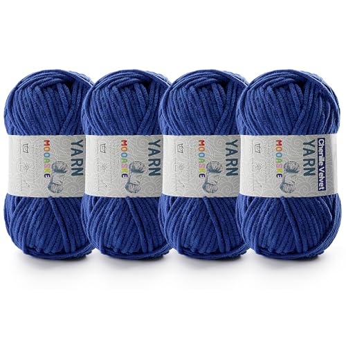 Image of Mooaske 4 Pac Chenille Yarn for Crocheting - Soft Blanket Yarn, 50g /1.76oz, 60m /65yard, Dark Blue