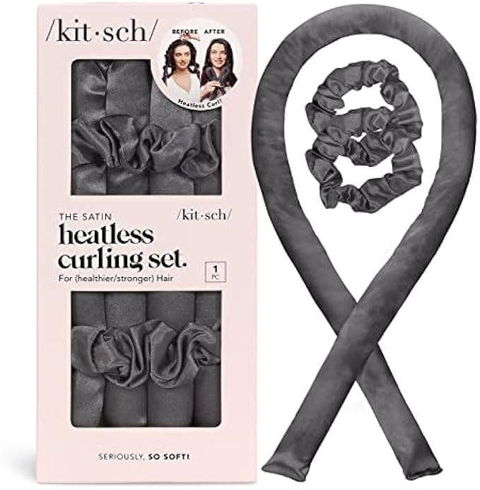 Kitsch Satin Heatless Curling Set - Hair Rollers for Heatless Curls | Heatless Hair Curlers & Hot Rollers | Hair Curlers To Sleep In | Heatless Curling Rod Headband | Heatless Curler (Charcoal)