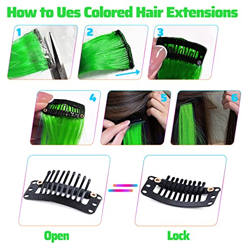Meckily 22 Inch Colored Green Hair Extensions Clip In Kid's Party Highlights, White Accessories Hairpiece Straight For Girls Women (10 Pcs Green) #TOP3