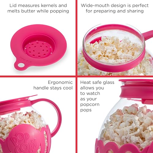Ecolution Patented Micro-Pop Microwave Popcorn Popper with Temperature Safe Glass, 3-in-1 Lid Measures Kernels and Melts Butter, Made Without BPA, Dishwasher Safe, 1.5-Quart, Pink