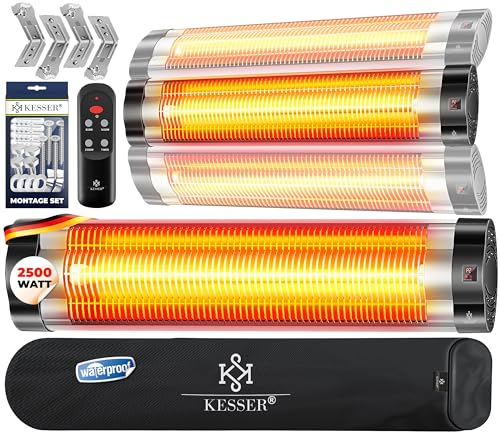 KESSER® Infrarotstrahler 2500W Infrarot Heizstrahler mit Fernbedienung, 3 Stufen, Instant-Heat, Wandhalterung, Terrassenstrahler, Quarzstrahler, Terrassenheizer, inkl. Schutzhülle, Timer - Silber