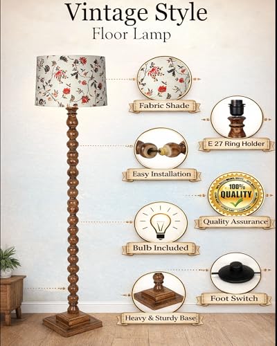 Image of HomesakeRustic Wood Floor Lamp for Living Room Walnut Brown with Multicolor Fabric Lamp Shade | Light Decoration | Side Lamp for Living Room & Bedroom | Antique Floor Light, Vine and Flowers