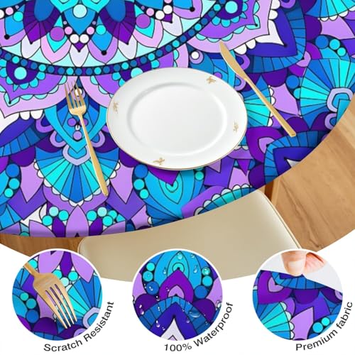 BOOWEATS Boho 42 Inch Round Fitted Cloth Tablecloth with Elastic Edged, Waterproof Oil Proof Wipeable Table Cover for Indoor Outdoor Patio Table, Fits Round Tables Up to 40" - 44" Diameter - image 3