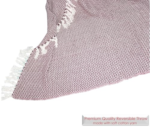 Image of Chevron 60X50 Inch Reversible Cotton Throw Blanket With Tassels| Blanket For Living Room, Sofa, Bed, Chair, Picnic & Used For Gift | Maroon Narrow Chevron, Size 150X125 Cm, 300 tc