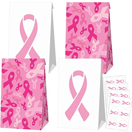 yizeda 24 Stück rosa Brustkrebs-Bewusstseins-Papiertüten, Brustkrebs-Unterstützung, Geschenktüten für Frauen, rosa Schleifenband, Brustkrebs-Bewusstsein, Party-Dekorationszubehör Cover