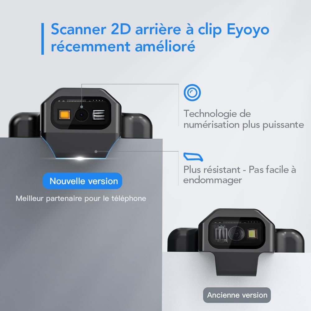 Eyoyo QR Code Scanner Bluetooth Android Barcode Scanner, Portable Back Clip sans Fil 1D 2D UPC ISBN, Lecteur de Code-Barres d'inventaire, Compatible avec iPhone, téléphone Android