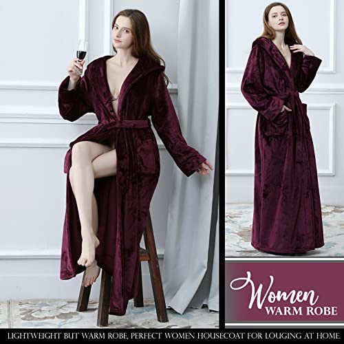 Hellomamma Long Hooded Robe for Women Luxurious Flannel Fleece Full Length Bathrobe Winter Warm Pajamas Shower Nightgown4