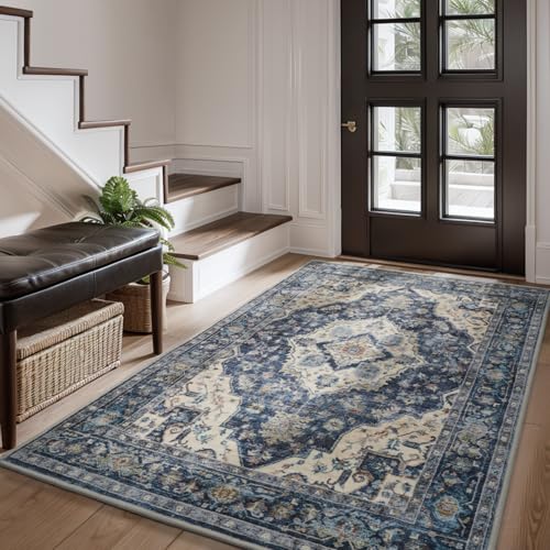 AMOAMI 3x5 Area Rug - Soft Washable Vintage No-Slip Blue
