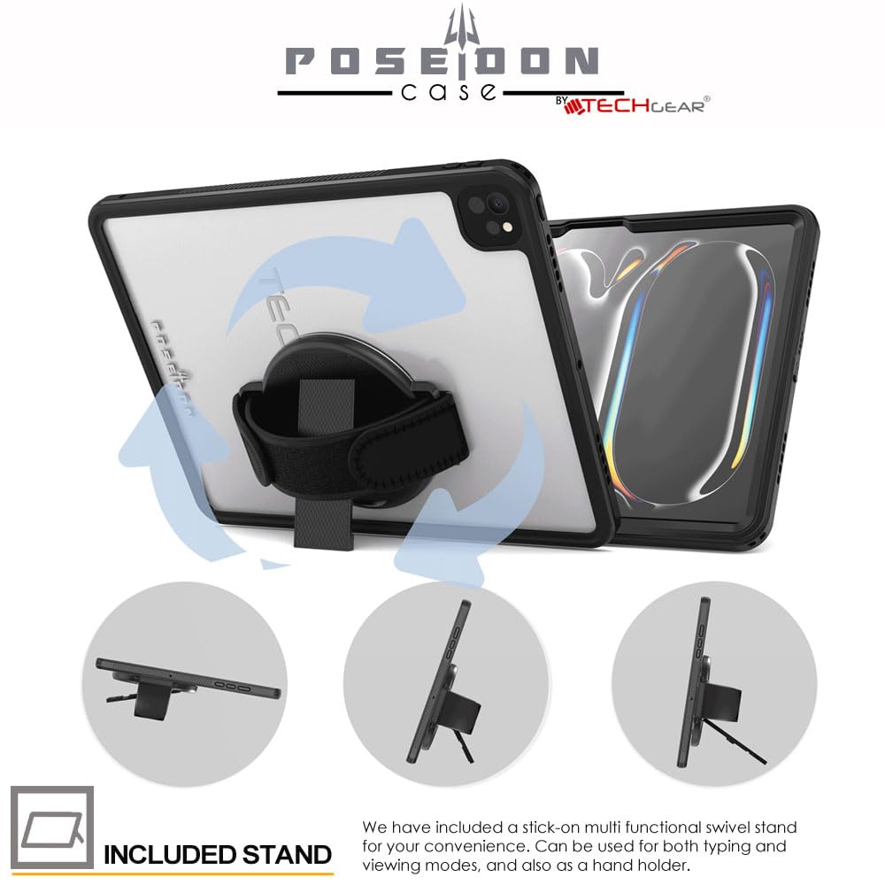 TECHGEAR Custodia impermeabile per iPad Pro 13" 2024 (M4) [Poseidon Case] Custodia sottile e robusta antiurto impermeabile con protezione schermo integrata + supporto e cinturino
