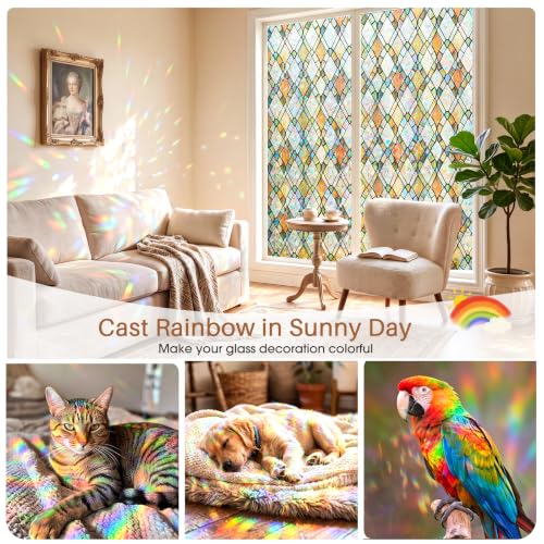 Image of Window Privacy Film, Stained Glass Static Cling Rainbow Stickers 29.5 inch x 78.7 inchDecorative Lattice Window Film Removable with Tools, UV Block Heat Control 3D Vinyl Covering Non-Adhesive for Home Door