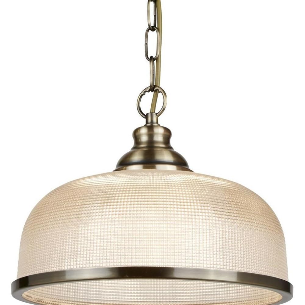 Britalia Antique Brass & Holophane Glass Vintage Dome Pendant Light 27cm - 1 x E27 ES Large Edison Screw Light Bulb Required (Not Included) | Suitable for Standard or Smart LED Lamps