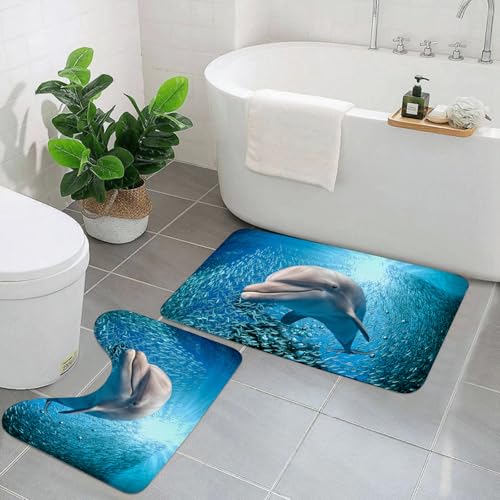 KGDHY Lot de 2 Tapis de Bain Antidérapant,Tapis Salle de Bain Super Absorbant,Tapis de Douche Lavable en Machine Super Doux, Décor d'animaux Marins, Un Grand...