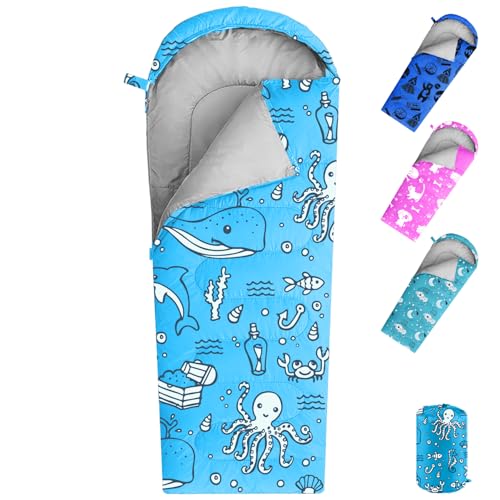 KidzAdventure Mummy Style 32 – 59F Kids Sleeping Bag with Pillow Sleeve, 4 Season, Lightweight and Backpacking Style, Ideal for Camping, Sleepover, Boys, Girls, and Youth – Ocean World Youth