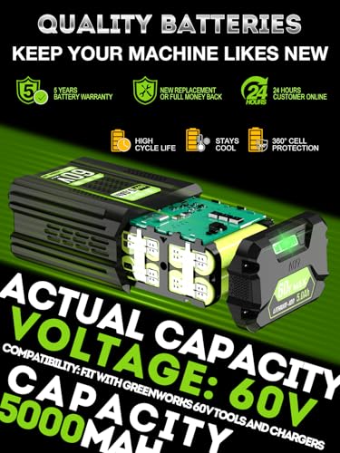 Image of 5.0AH Replacement for Greenworks 60V Battery | Fit for 75+ Green Works 60V Tools & Greenworks Battery LB60A03 LB60A02 LB60A00