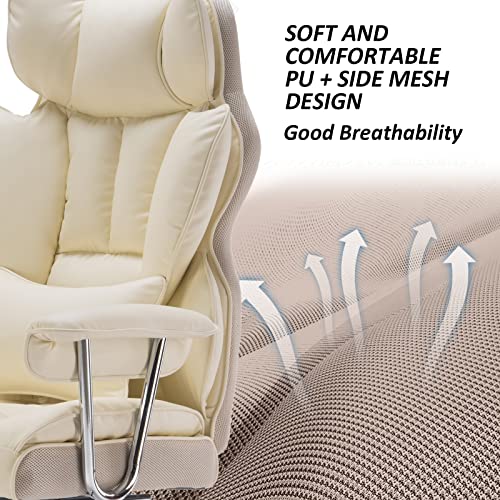 Efomao Sedia da ufficio,sedia da ufficio ergonomica in pelle PU,sedia da ufficio 150kg,sedia girevole regolabile con poggiapiedi e supporto lombare,Sedia da ufficio beige