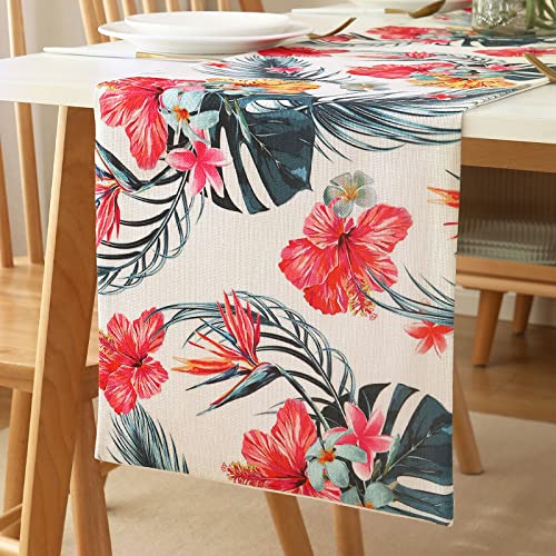 DakTou Chemin de Table Été Decor Plantes Tropical et Fleur Tapis Décoration de Table Lin Naturel Durable Lavable Chemin de Table pour Salle à Manger Hotêl Mariage Fête 183 x 33 cm