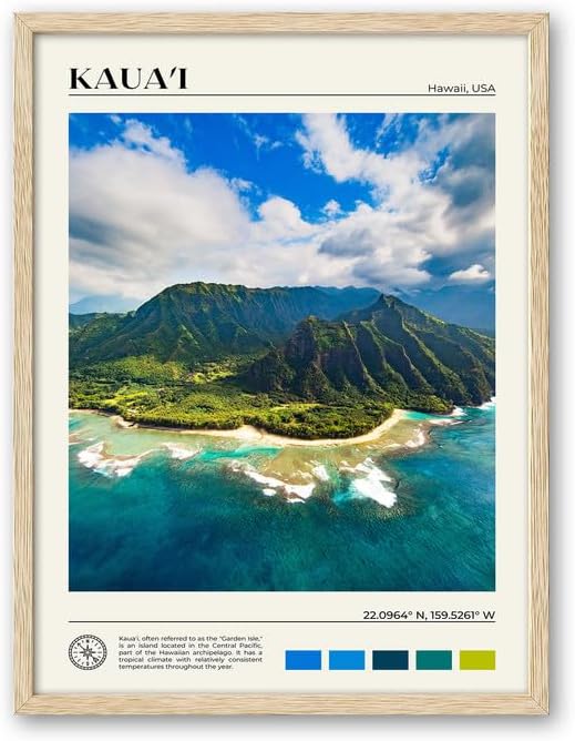 HesenDot Natural OAK Wood Framed Hawaiian Archipelago Wall Art,12x16in Kauai Quality Canvas Wall Print,Classic Urban Landmark Wall Decor for Living Room,Bedroom,Office Gallery Set of 1 Framed Kauai Oak 16"L x 12"W