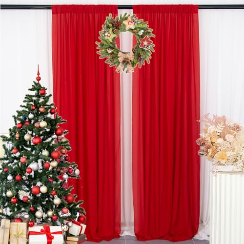 DUOBAO Red Chiffon Backdrop Curtain-2 Panels 29x96-Inch Wedding Backdrops Drapes Beach Curtains for Living Room Voile Window Photography Background for Weddings Ceremony