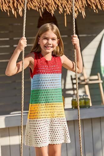 Image of Haloumoning Girls Color Block Crochet Knit Swim Cover up Kids Summer Sleeveless Beach Dress 5-14 Years