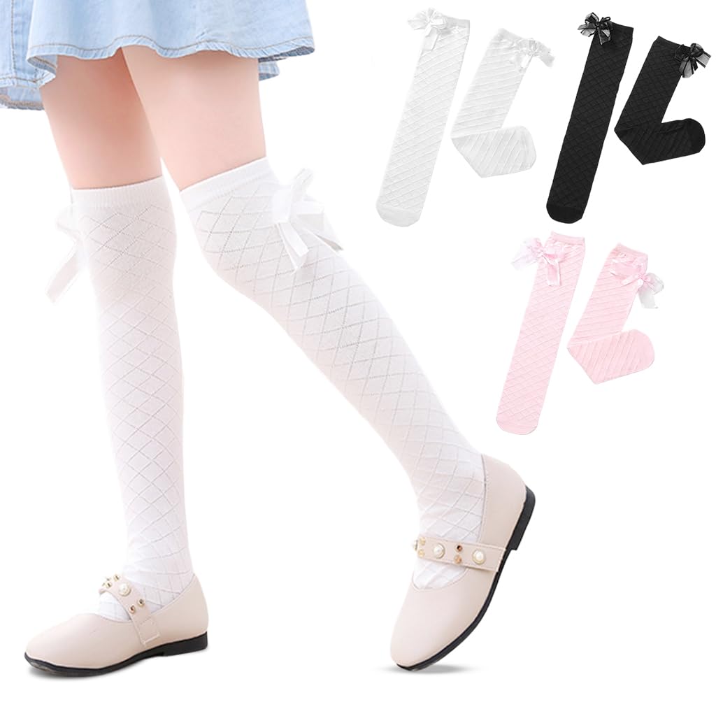 PALAY® 3 Pairs Bow Knee High Socks Stockings for Girls Kids, Fashion Overknee Long Socks for Baby Girls 3-12 Years, Cotton Lolita Sock for Skirt, School Uniform (All Season Use)