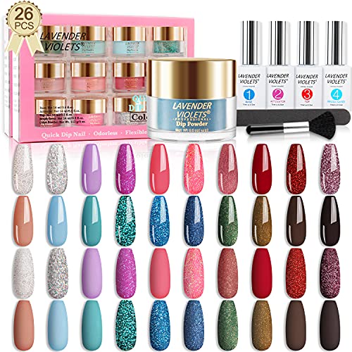 Lavender Violets Dip Powder Nail Kit 0.5 oz/bot. Large Jar 20 Colors Dipping Powder-Sparkle Green, Blue, Black and Red Color with Base Top Activator n Brush Saver, Gradient Neutrals Collection K931