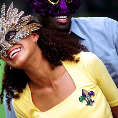 Image of Mardi Gras Brooch MARDI GRAS Glitter Brooch Mask Crown Fleur De Lis Brooch Pin Sparkly Holiday Jewelry for Women Girls Gift Fat Tuesday Celebrations