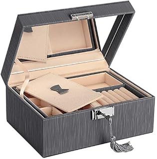 SONGMICS PU Jewellery Box 2 Tier Storage Box with Removable Hinged Travel Box with Mirror on Lid, Grey JBC232GY