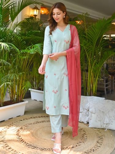 Image of ANNI Designer Kurta Sets for Women Viscose Embroidered | Kurti Set for Woman | Kurta Pant Dupatta Set | 3 Piece Set Women | Straight Kurti | V Neck Full Sleeve Suit Set Stylish Ethnic Outfit Clothing