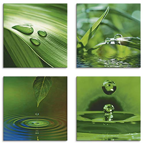 ARTLAND Wanddeko Wellness Bilder Leinwand Bilder Set 4tlg. je 30x30 cm Quadratisch Wandbilder Zen Pflanze Gras Wassertropfen K2IQ
