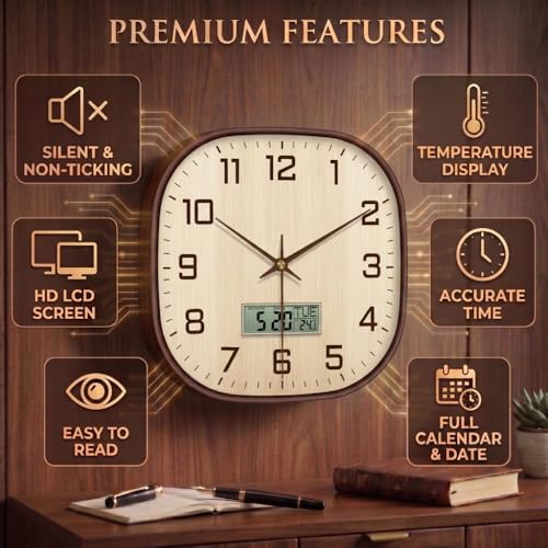 Image of STAR WORK 12 inch Inch Square Silent Non-Ticking Quartz Movement Wall Clock with Analog & Digital Display | Easy-to-Read Numbers | Modern Design for Living Room, Bedroom or Office (Cream - Brown Digital)