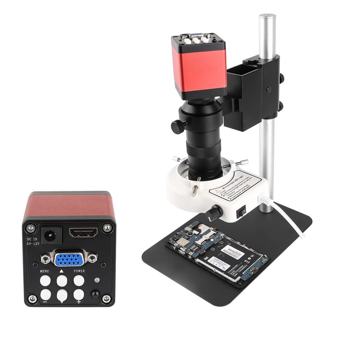 Microscopio Digitale Industriale Vga 1080P con Telecamera + Obiettivo C Mount 130X + Luce Ad Anello A 56 LED + Supporto per Riparazione Elettronica di Saldatura