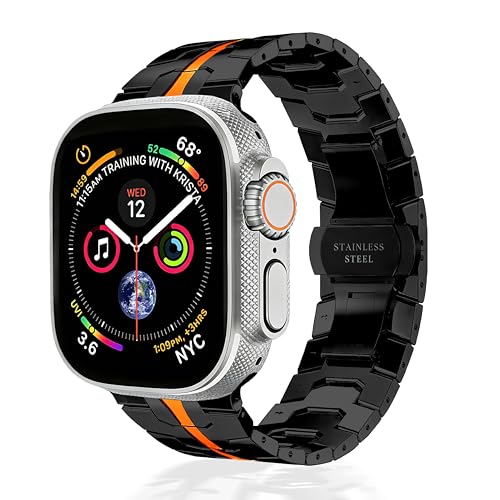U191U Pulseiras para smartwatch de aço inoxidável compatíveis com Apple Watch Series 11 10 987654321, SE/SE2/SE3, Ultra 3/2/1, preto e laranja