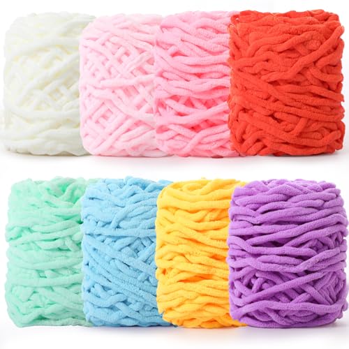 Image of Buryeah 8 Pack Chunky Chenille Yarn for Crocheting Soft Thick Fluffy Yarn for Hand Knitting Bulky Velvet Blanket Plush for Weaving DIY Crafts Each 3.5 oz 55 Yards (Candy Colors)