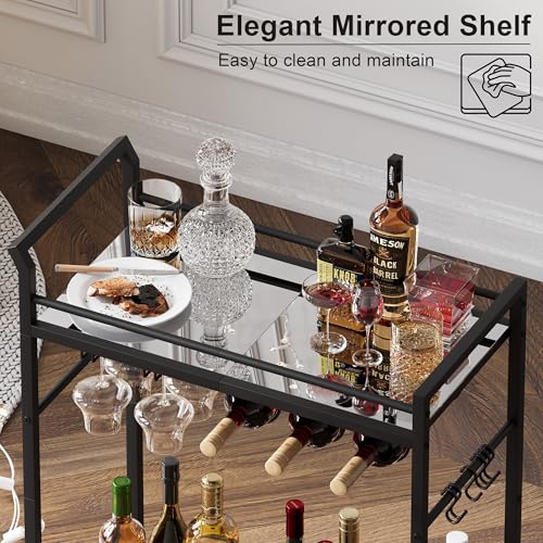 Image of 3 Tier Bar Cart, Small Beverage Cart, Mini Bar Cart with Wine Rack, Home Bar Serving Cart with Wheels for Kitchen Dining Living Room (Black, Mirrored) GBC106BU