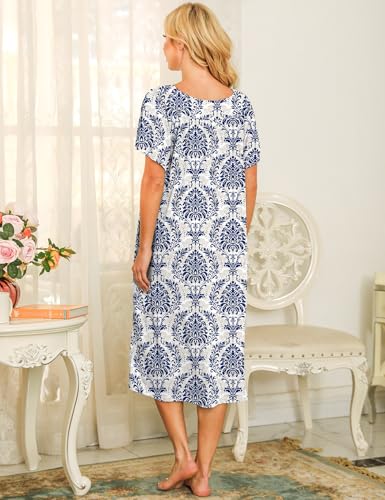 Image of Bloggerlove Mumu House Dress for Women with Pockets Short Sleeve Nightgowns | 15% Cotton, 80% Polyester, 5% Spandex, Floral Mumu House Dress, V-Neck, Short Sleeves, Midi Length, 2 Side Pockets, Lounging