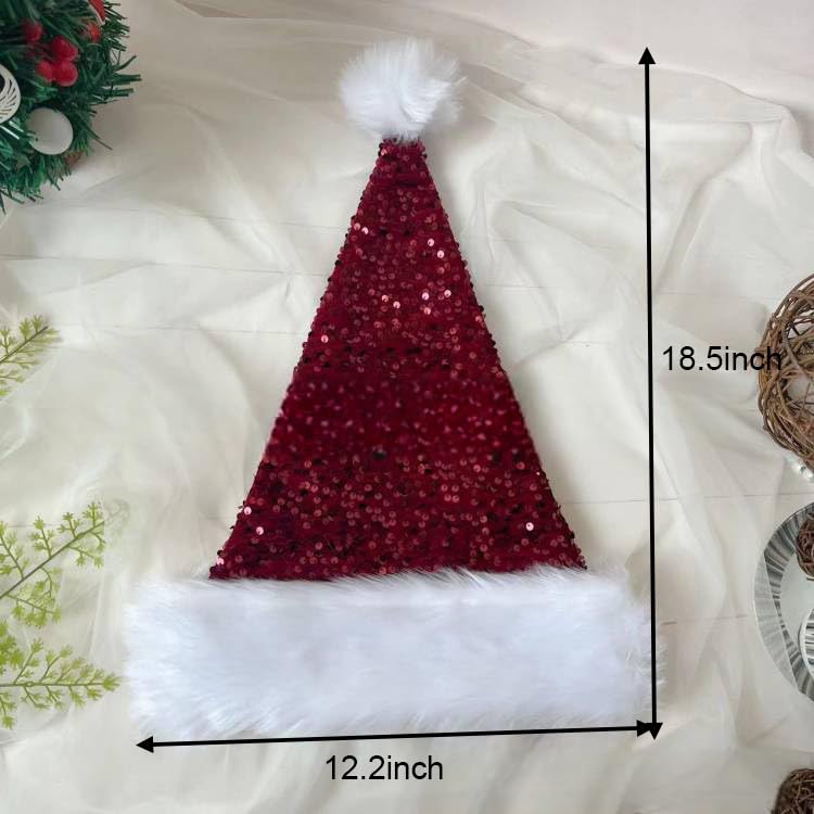 Red Sequined Santa Hat, Shiny Unisex Soft Plush Deluxe Xmas Santa Claus Velvet Comfy for Fancy Dress Christmas New Year Party - Image 2