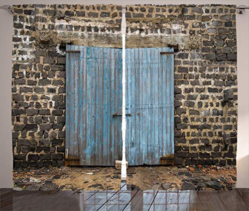 Ambesonne Rustic Curtains, Stone Wall of Dated Closed Barn Gothic